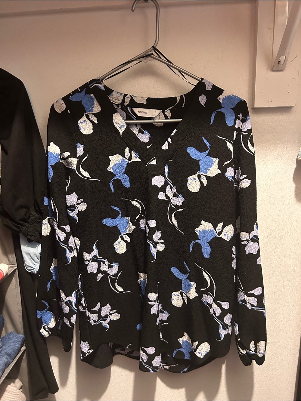 Nine West Black Floral V-Neck Blouse with Blue and White Blooms